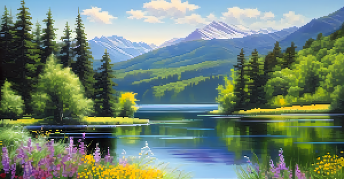 A peaceful lake scene with mountains and wildflowers, showcasing natural beauty and tranquility.