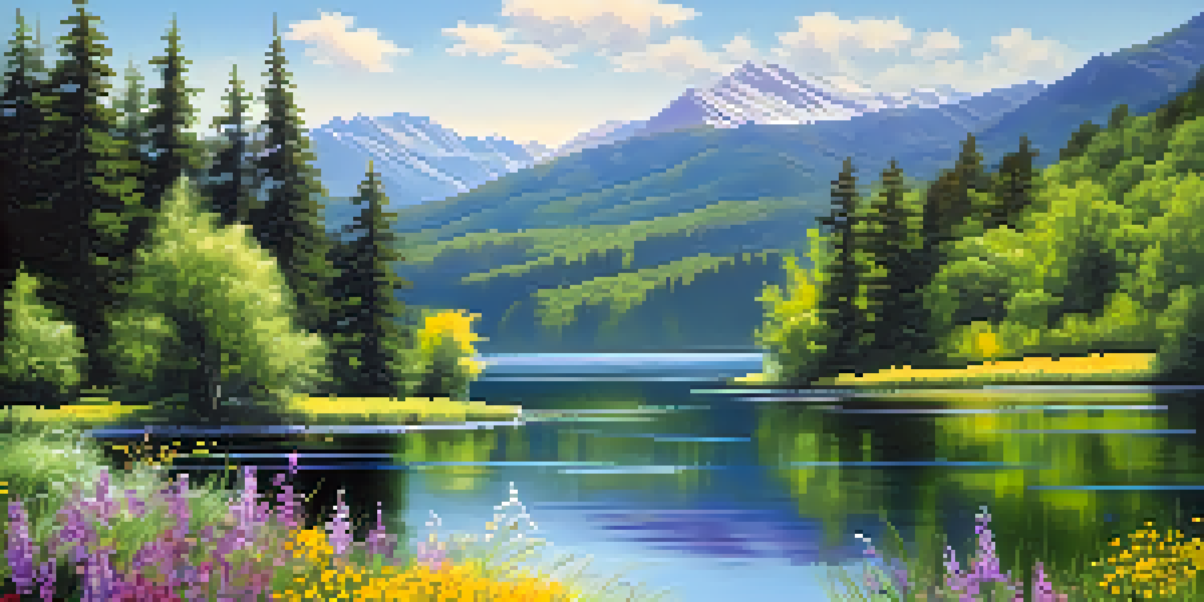 A peaceful lake scene with mountains and wildflowers, showcasing natural beauty and tranquility.