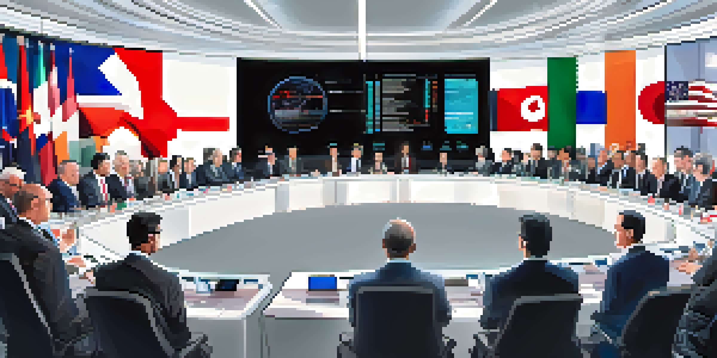 A vibrant international trade conference with representatives from various countries discussing and engaging, surrounded by flags and stock market data on a screen.