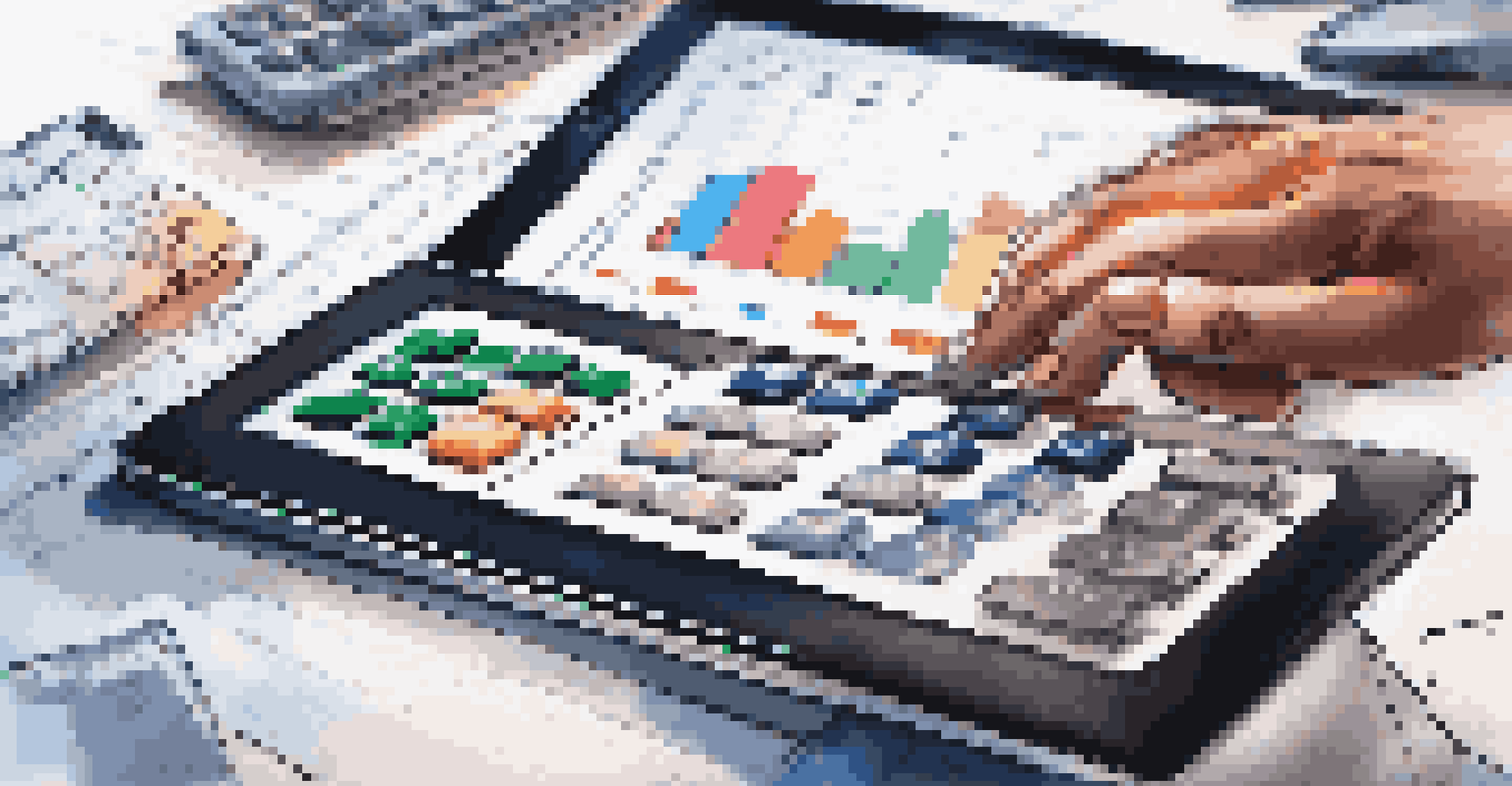 A close-up of hands using a calculator and reviewing charts on a tablet, with a blurred background.