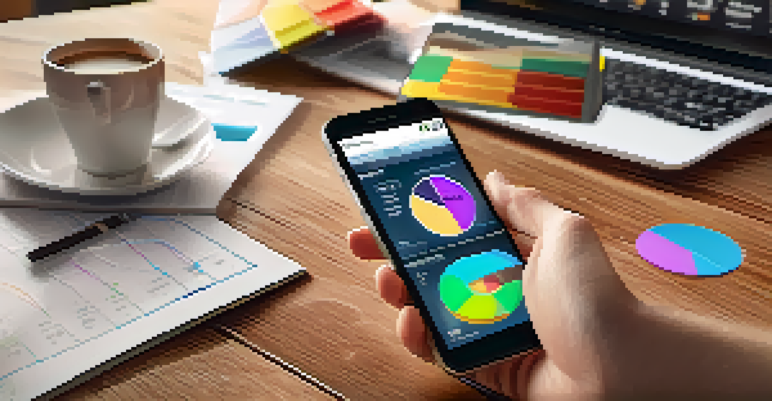 A close-up of a hand holding a smartphone displaying investment portfolio metrics, set in a cozy home environment with a cup of coffee.