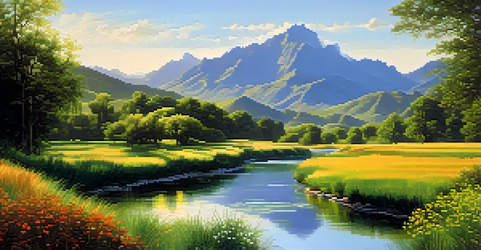 A tranquil green valley with a river running through it, framed by mountains and bathed in warm sunlight.