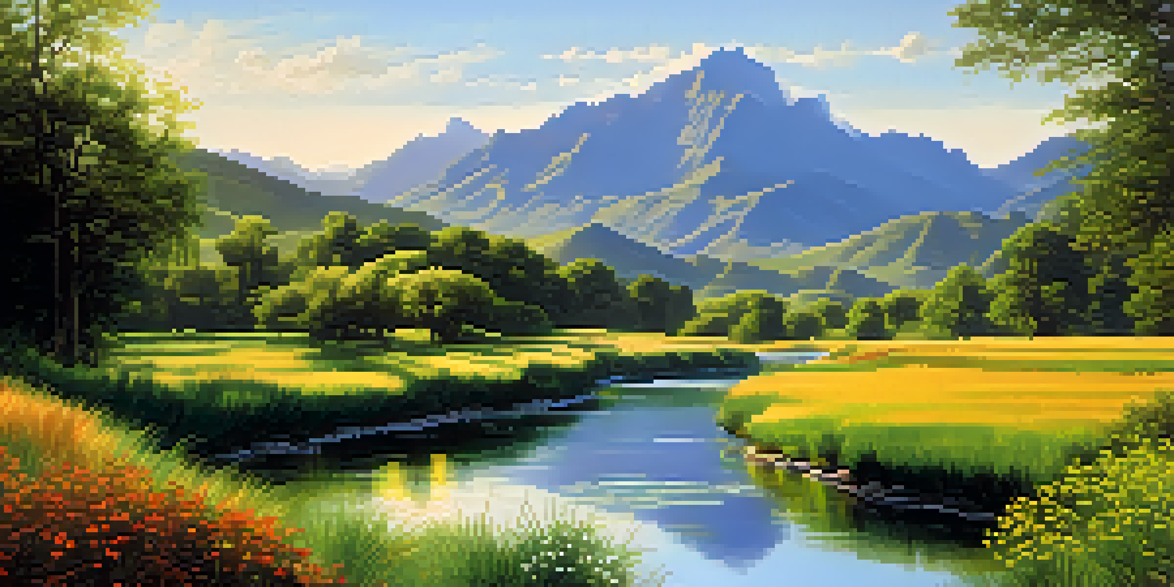 A tranquil green valley with a river running through it, framed by mountains and bathed in warm sunlight.