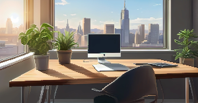 A bright and modern office workspace with a wooden desk, laptop, plants, and a city skyline view.