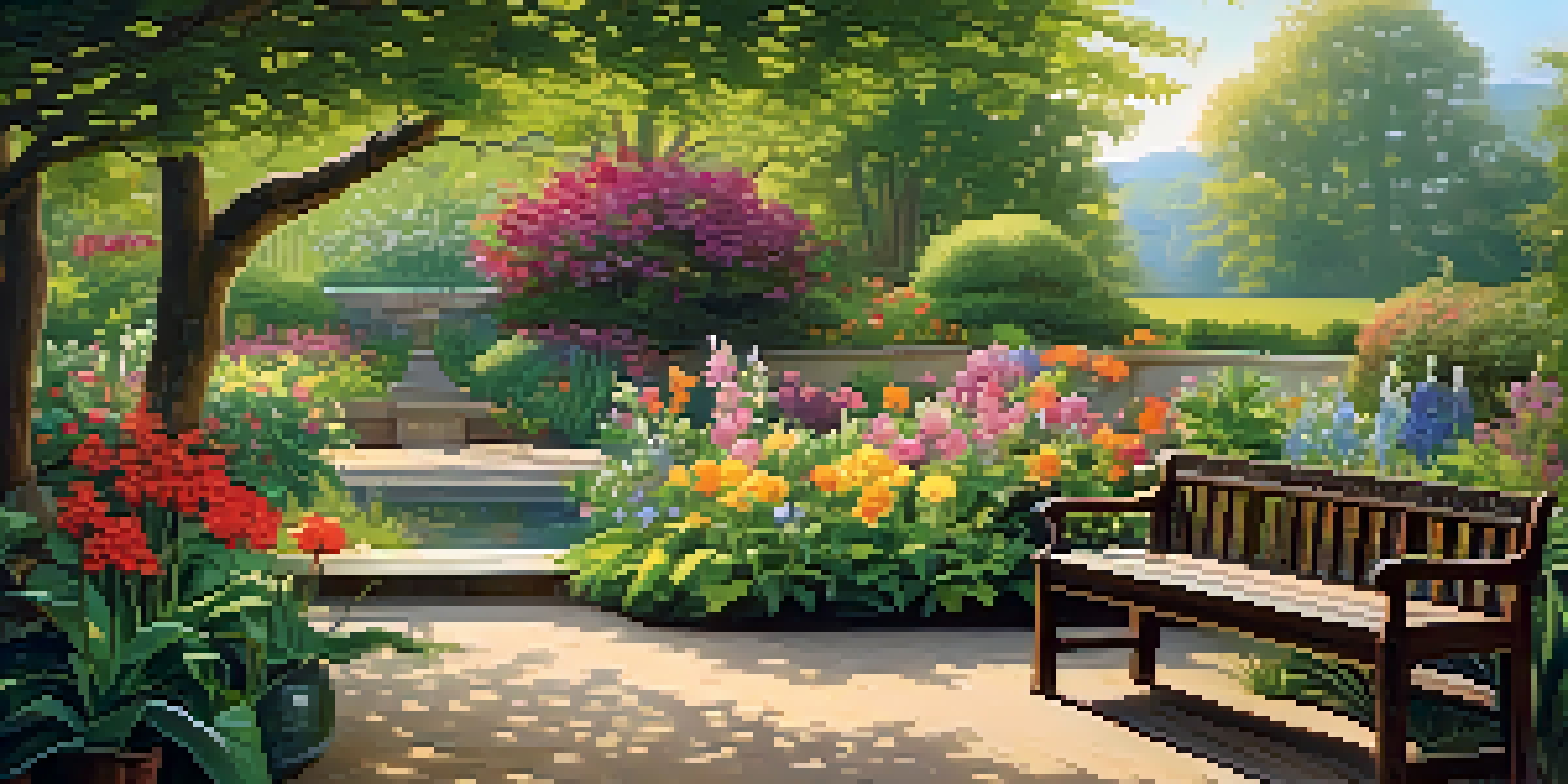 A peaceful garden with various blooming flowers in soft morning light, representing long-term investment and diversification.