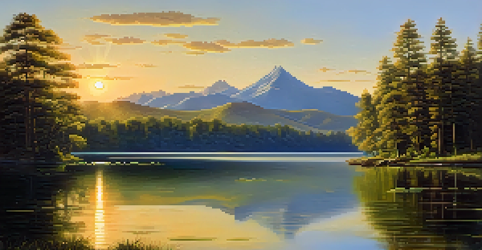 A tranquil lake scene with forests and mountains, illuminated by a sunset glow.