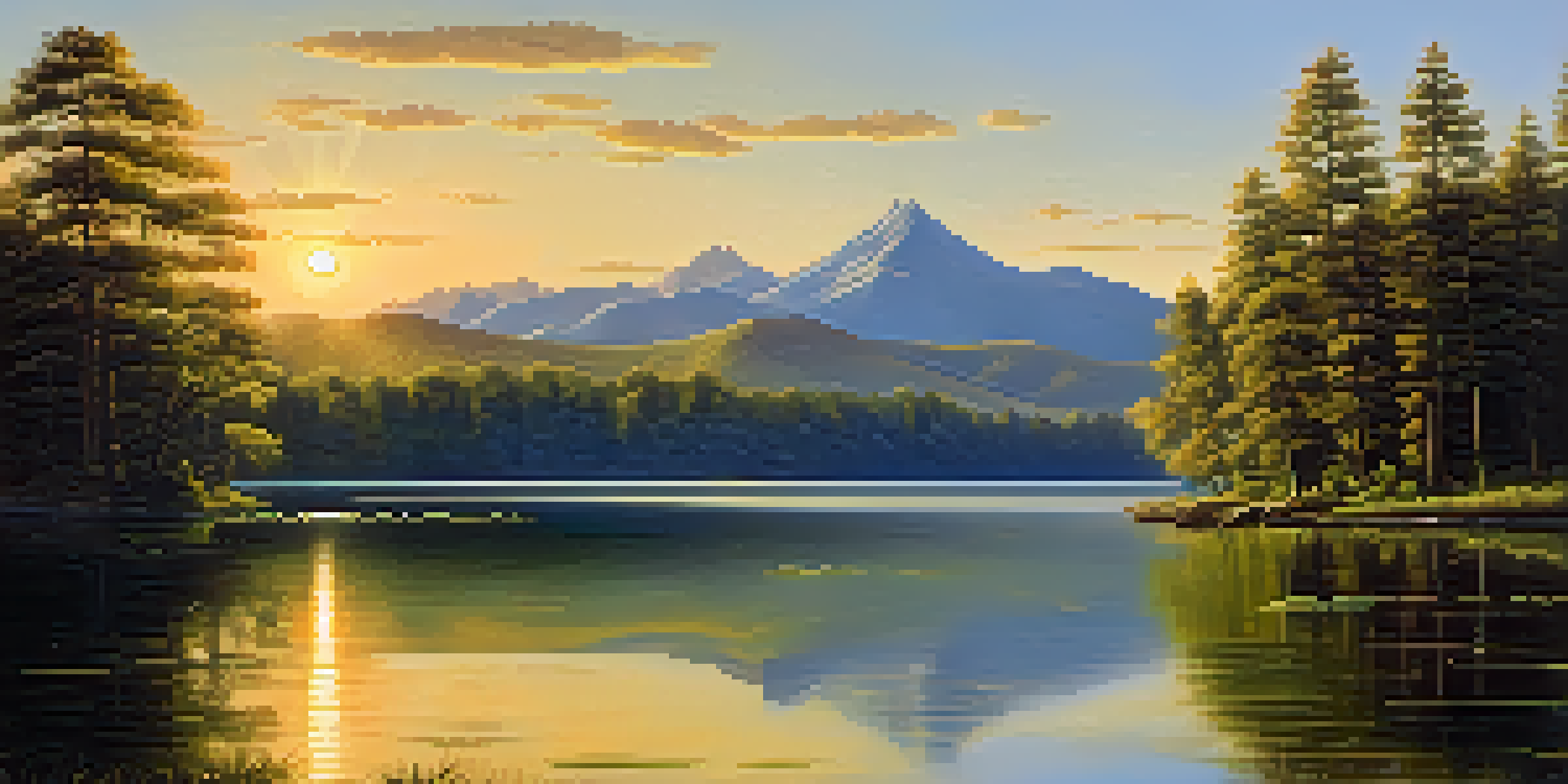 A tranquil lake scene with forests and mountains, illuminated by a sunset glow.