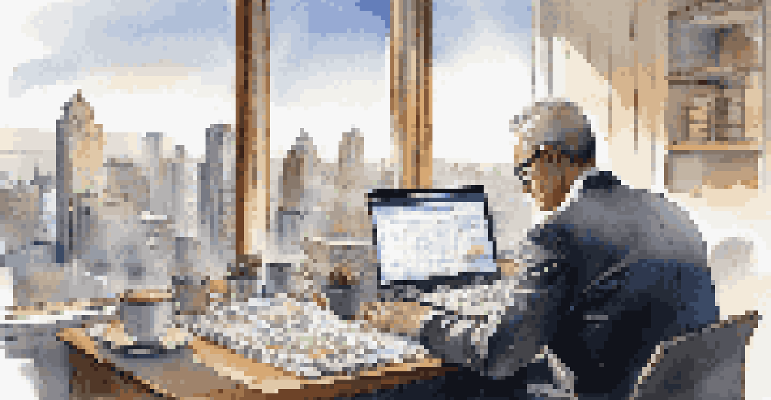 An investor working at a desk with financial reports and a city skyline in the background, illuminated by morning light.