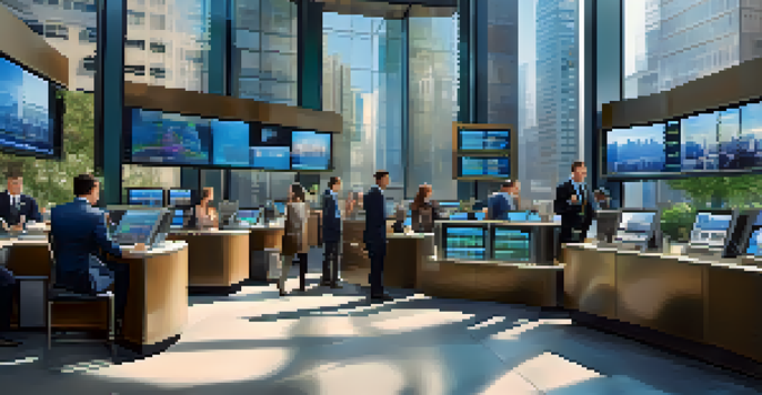 A diverse group of investors in a modern financial district, surrounded by digital screens displaying bond prices, with tall skyscrapers and people in business attire.