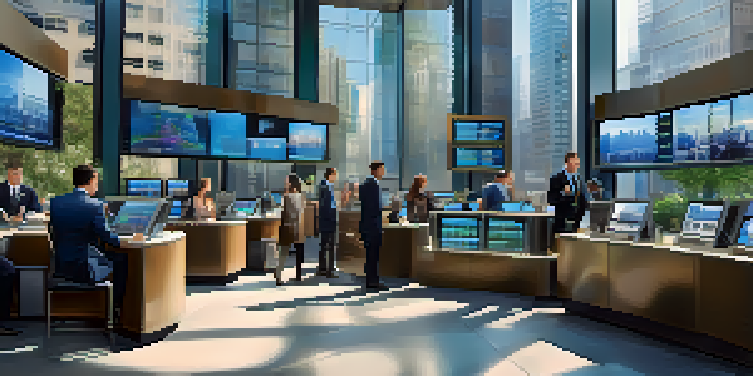 A diverse group of investors in a modern financial district, surrounded by digital screens displaying bond prices, with tall skyscrapers and people in business attire.
