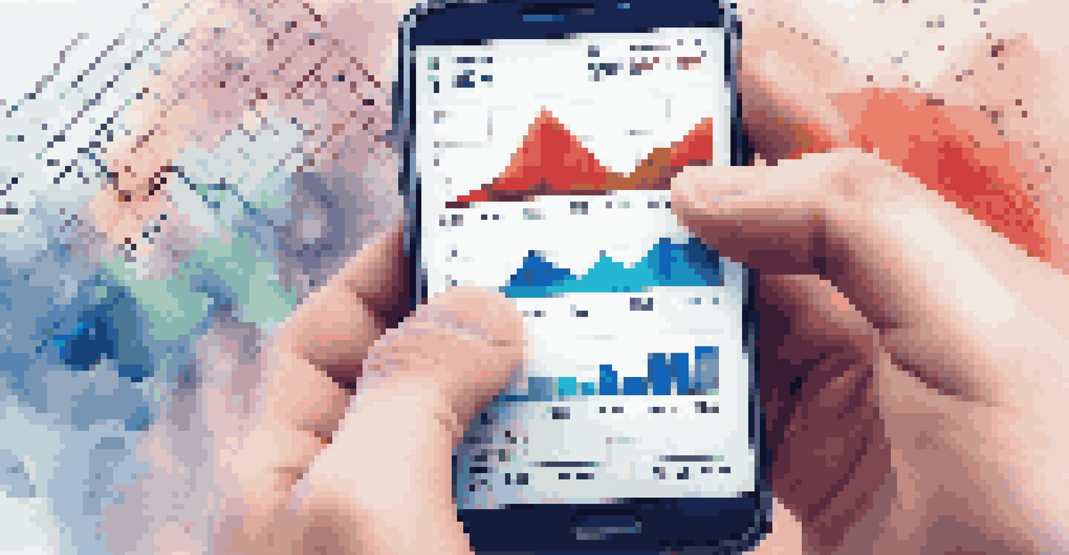 A close-up of a hand holding a smartphone with financial graphs, against a blurred background of financial data and charts.