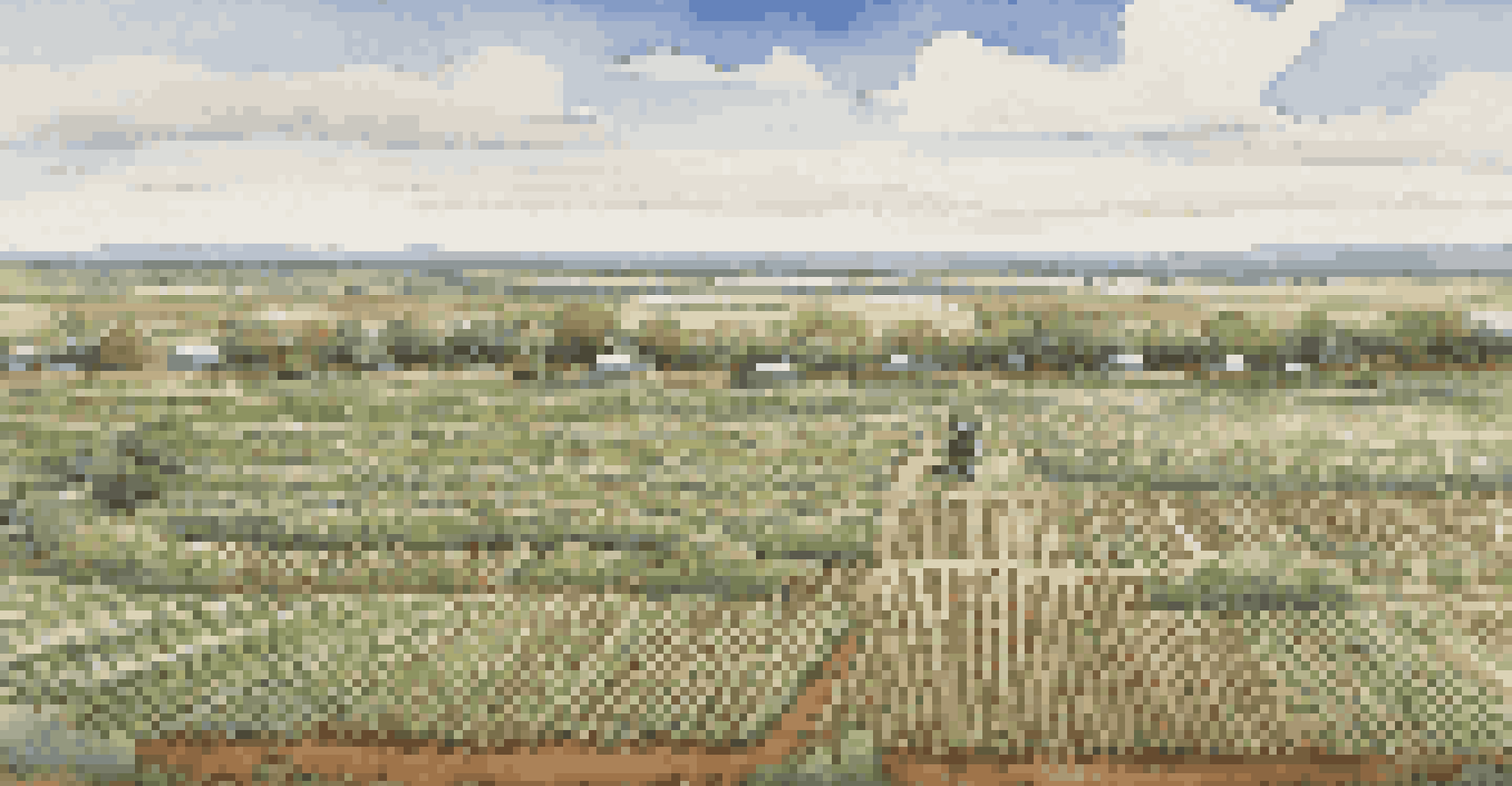 An aerial view of a vibrant cotton farm with rows of cotton plants, brown soil patches, and a blue sky with white clouds.
