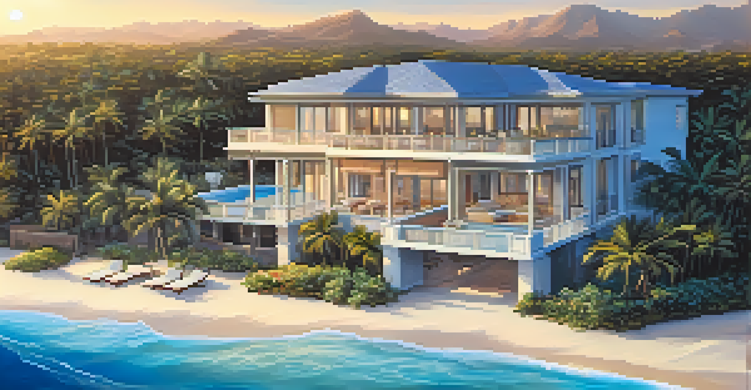 Aerial view of a luxury beach vacation rental with an infinity pool during sunset.