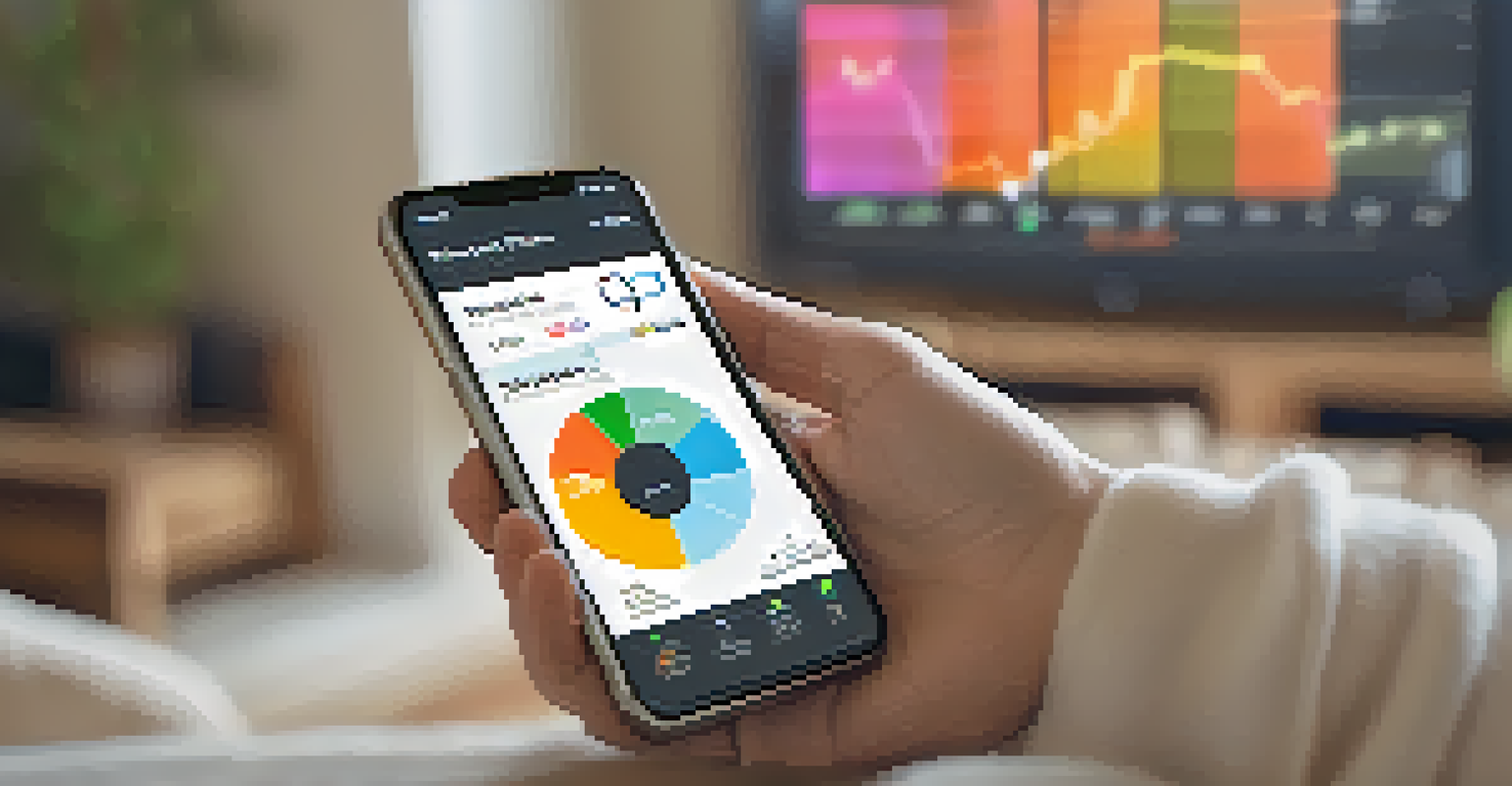 A hand holding a smartphone with a financial app showing colorful charts in a blurred living room background.