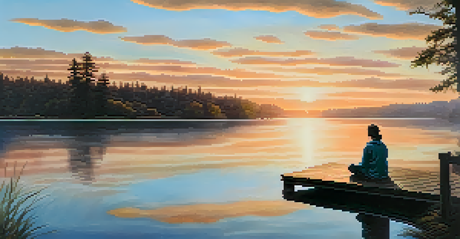 A peaceful sunrise over a calm lake with a person sitting on a dock using a laptop, symbolizing balance between work and nature.