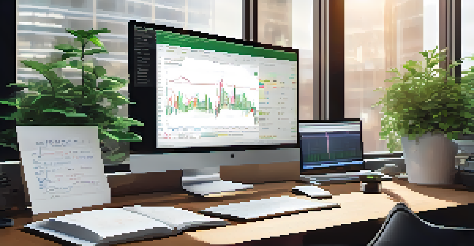 A tranquil workspace showing a large screen with the MACD indicator, a laptop, and a notebook filled with notes. Natural light creates a calm atmosphere, with a small plant on the desk.
