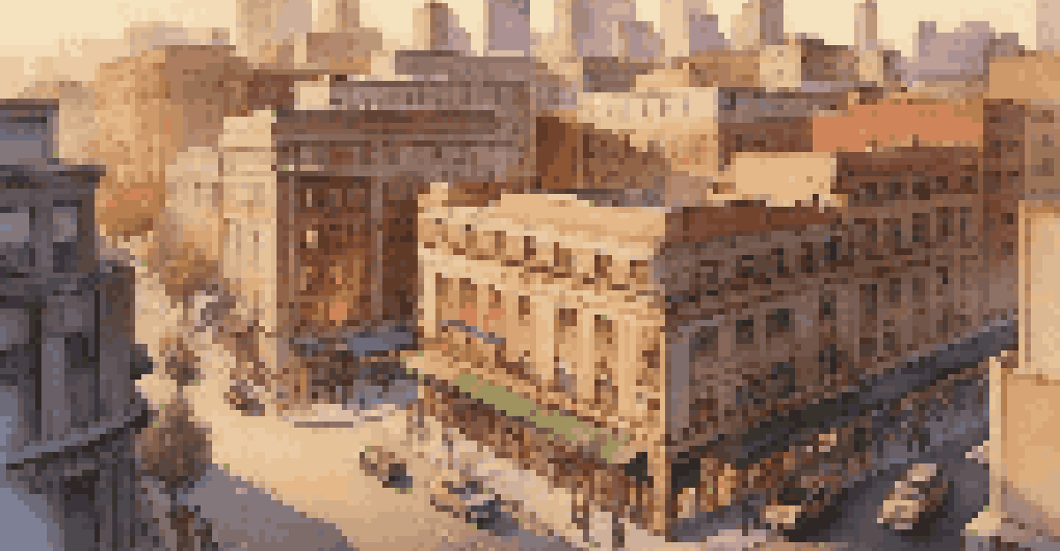 An aerial view of a busy urban area showcasing different types of real estate during sunset.