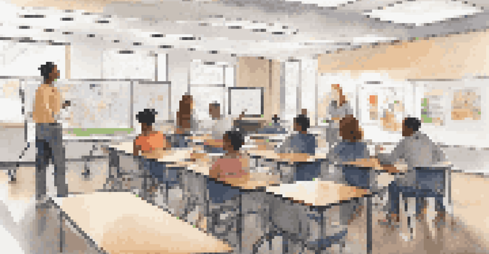 A diverse group of students in a classroom participating in a financial literacy workshop about budgeting and student loans.