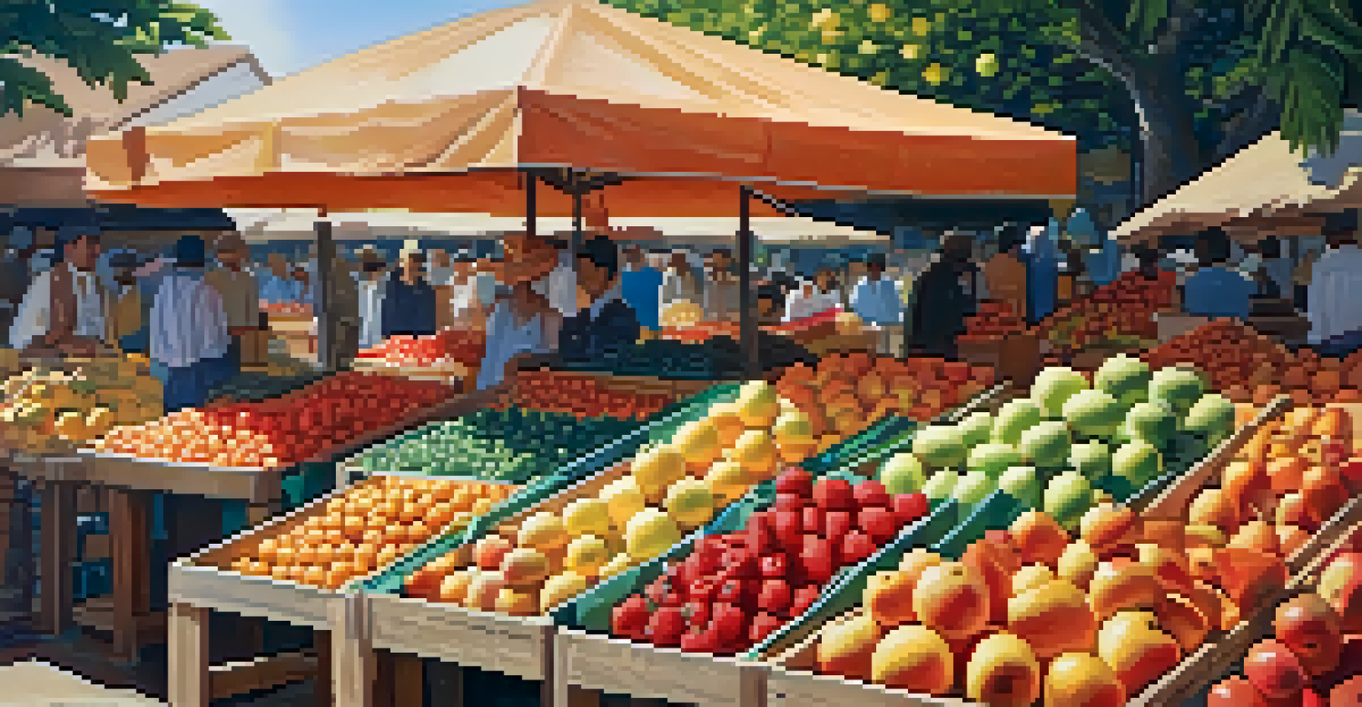 A bustling fruit market filled with colorful fruits arranged on wooden stalls, illuminated by sunlight.