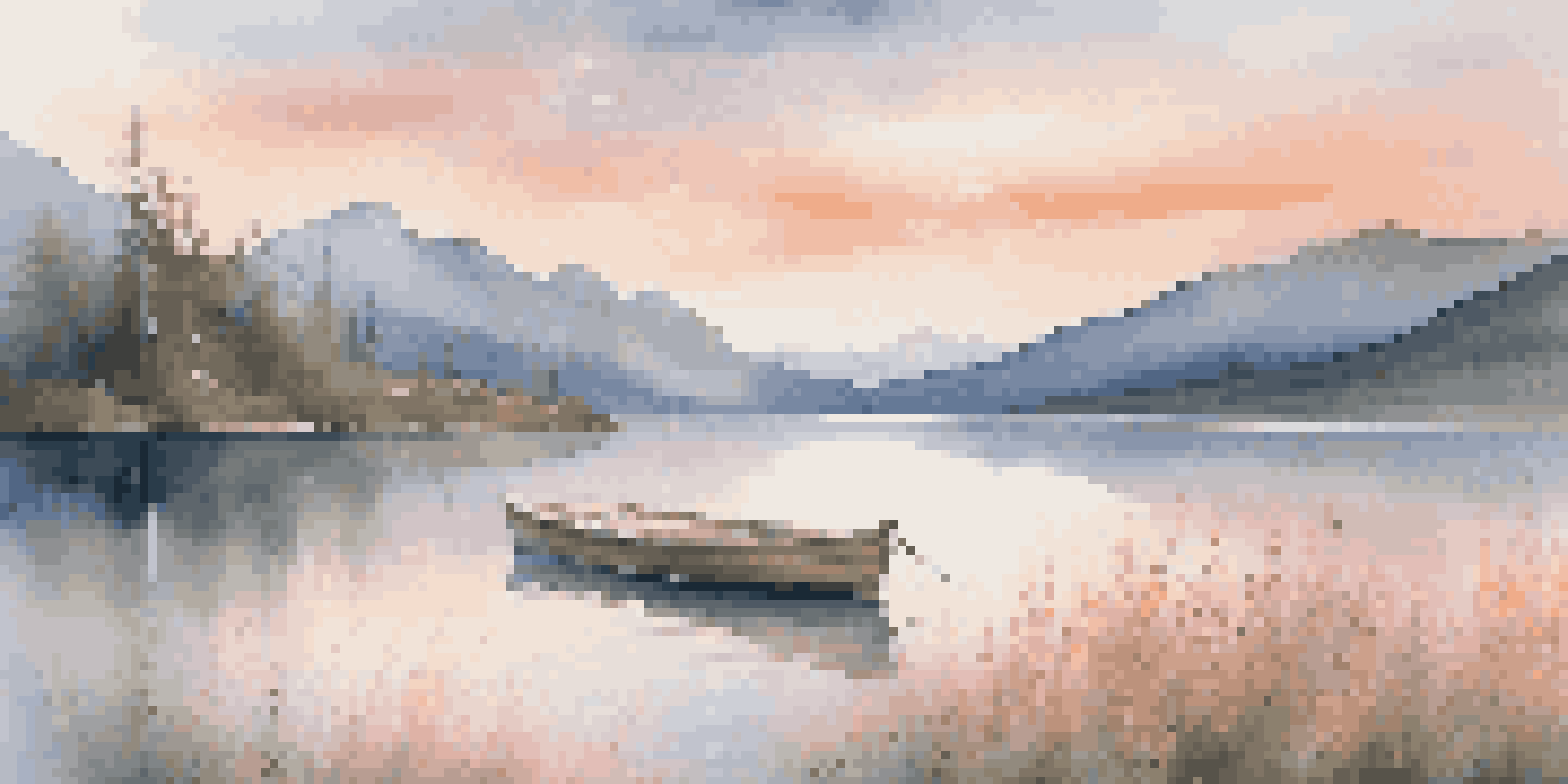 A peaceful lake scene at sunrise with mountains, wildflowers, and a wooden boat.