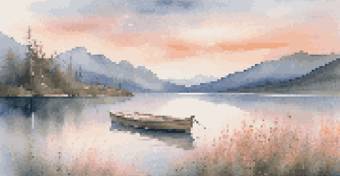 A peaceful lake scene at sunrise with mountains, wildflowers, and a wooden boat.