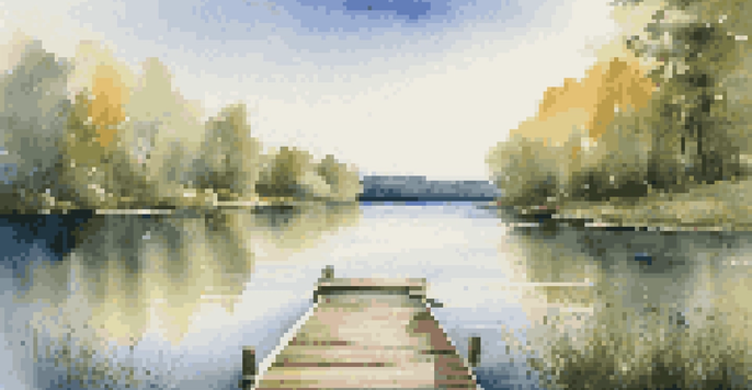 A peaceful lake scene with green forests and a wooden dock, under a clear blue sky.