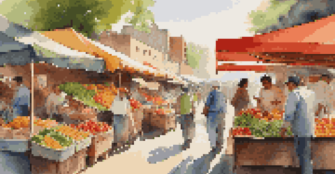 A lively market filled with colorful fruits and vegetables, with people shopping and interacting under sunlight.