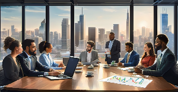 A group of diverse investors discussing real estate crowdfunding opportunities in a modern office setting with city views.