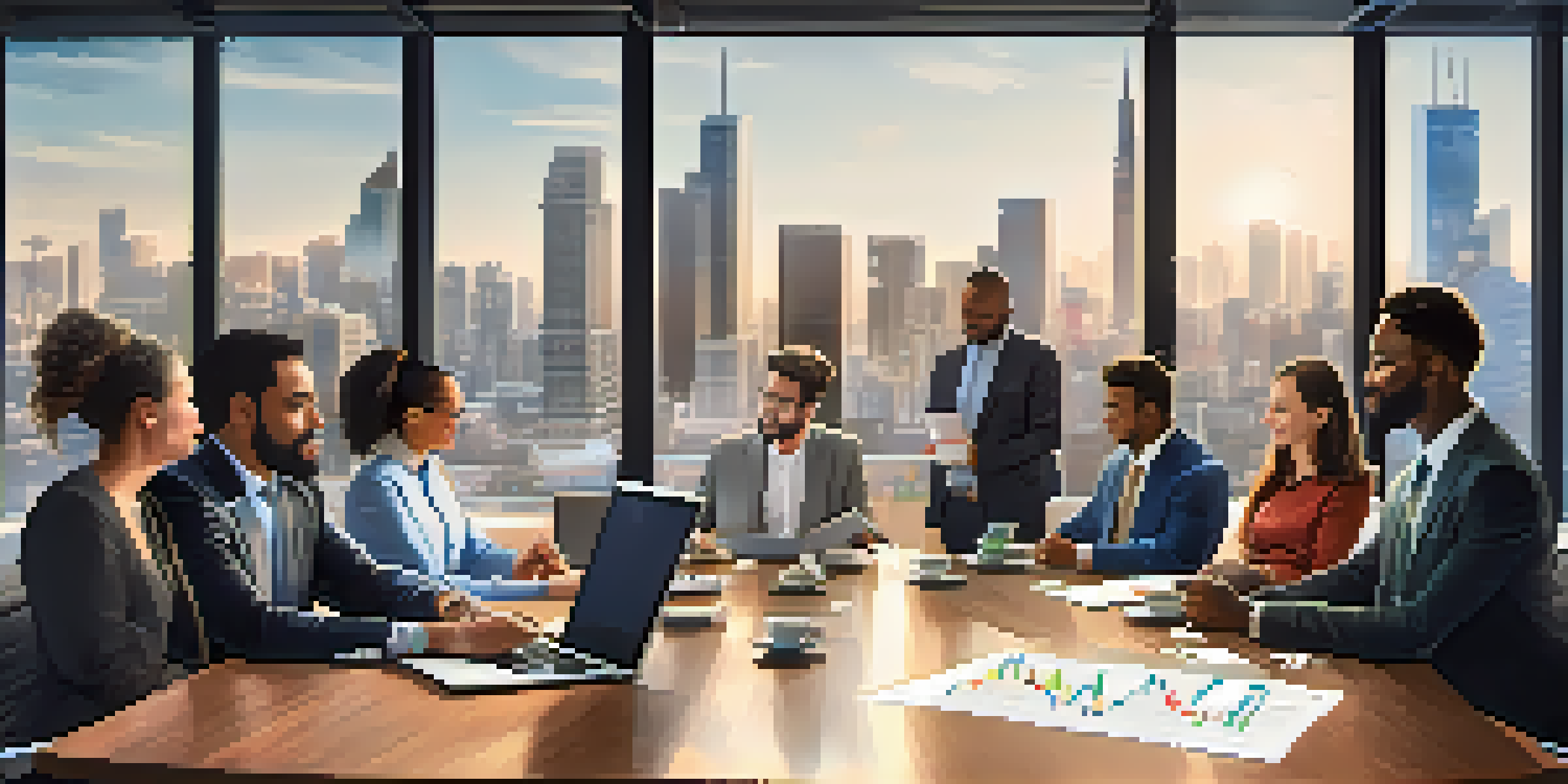 A group of diverse investors discussing real estate crowdfunding opportunities in a modern office setting with city views.