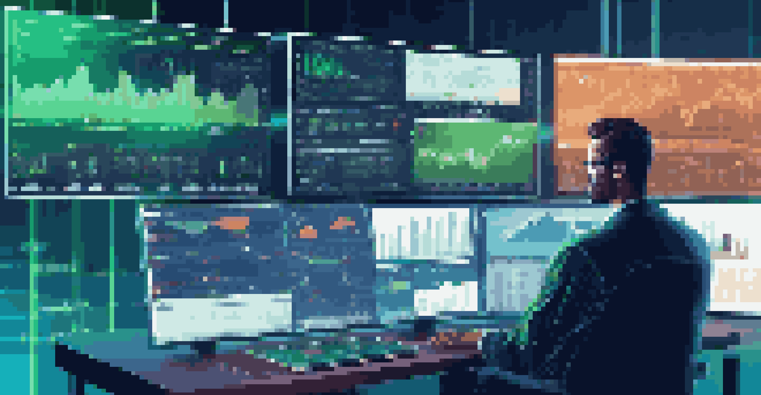 A trader in a digital workspace analyzing stock market data on multiple screens with blue and green lighting.