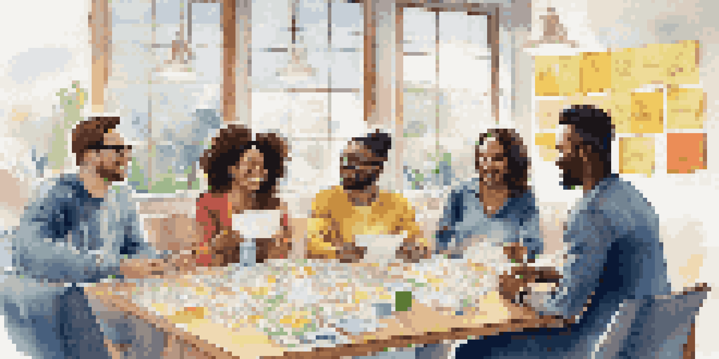 A diverse group of entrepreneurs discussing crowdfunding projects around a table filled with sketches and notes, illuminated by soft natural light.