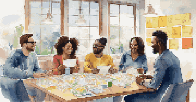 A diverse group of entrepreneurs discussing crowdfunding projects around a table filled with sketches and notes, illuminated by soft natural light.