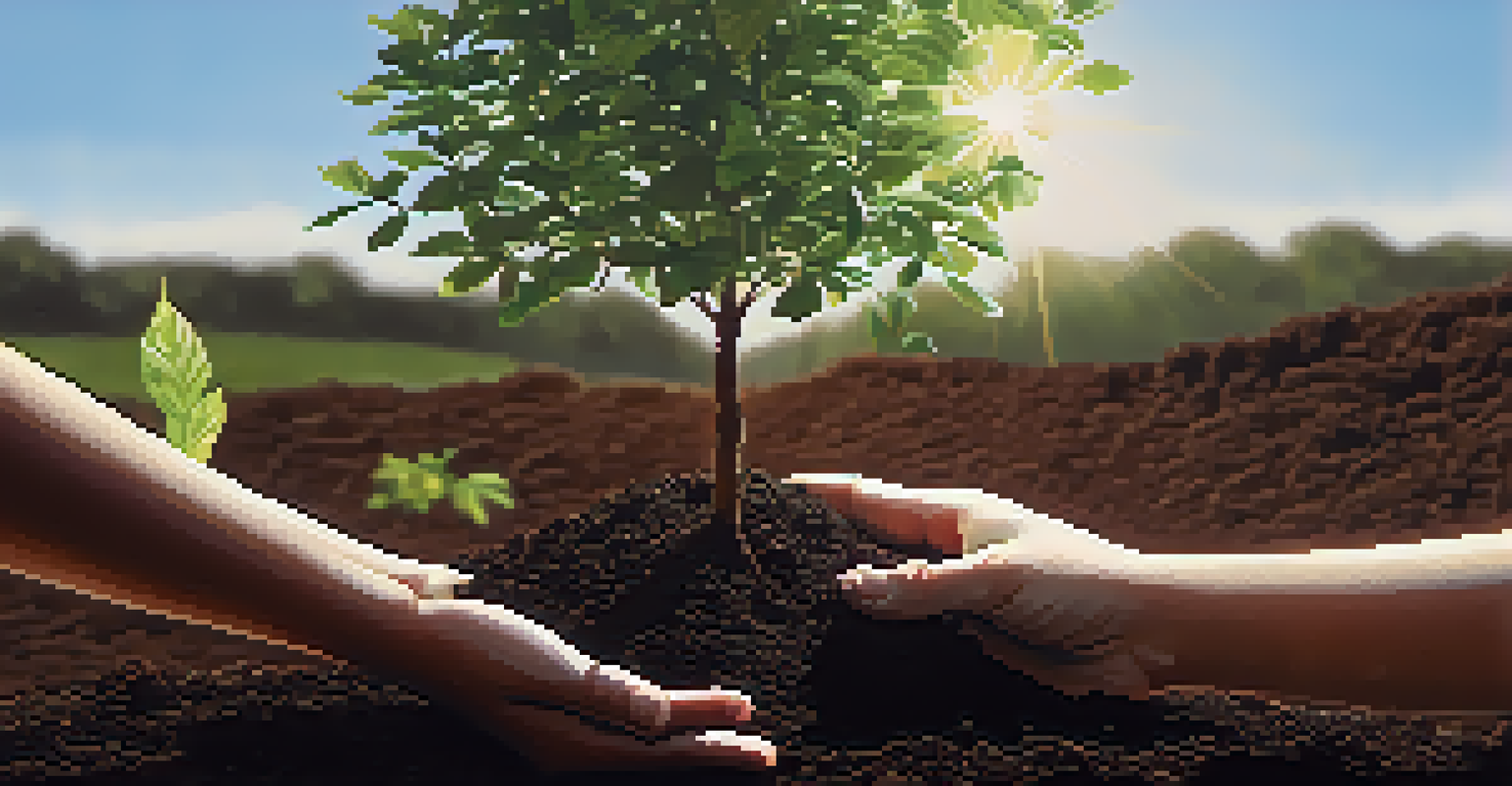 Hands planting a small tree in soil with sunlight filtering through leaves in the background.