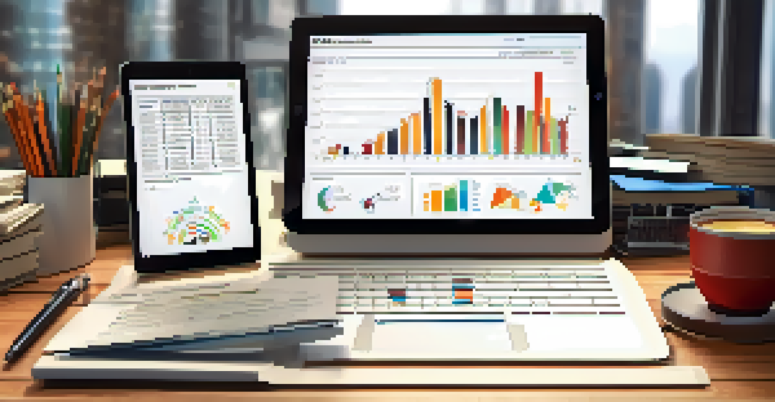 A digital tablet showing financial charts and documents on a wooden desk, with a cup of coffee and a notebook in the background.