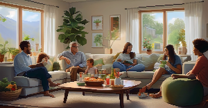 A diverse family sitting together in a cozy living room, discussing financial goals around a table filled with snacks, under soft ambient lighting.