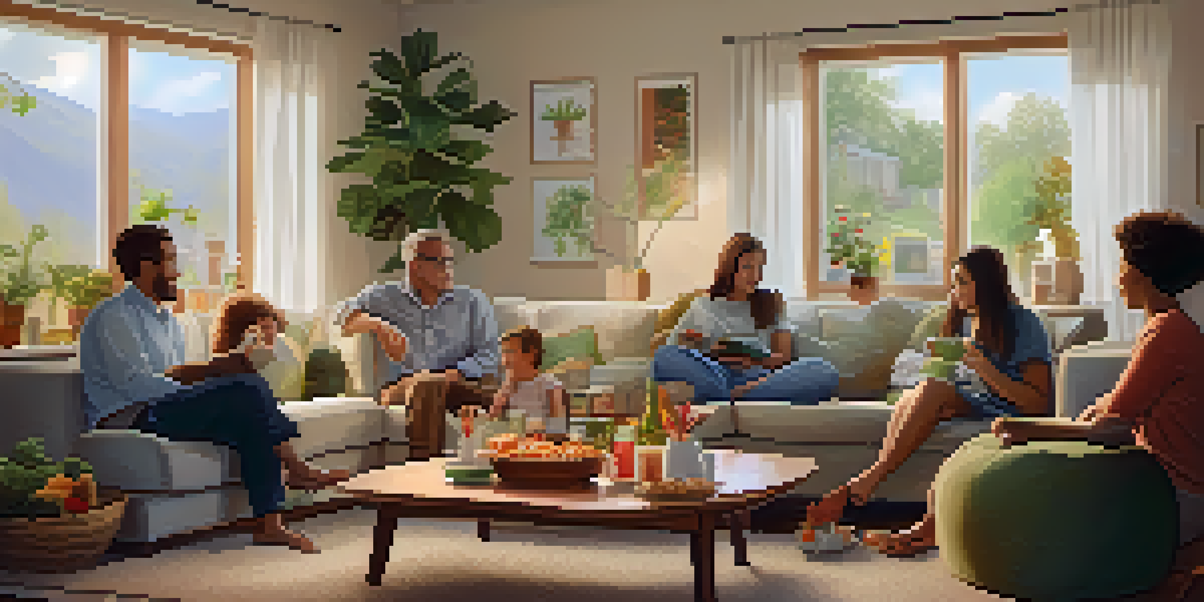 A diverse family sitting together in a cozy living room, discussing financial goals around a table filled with snacks, under soft ambient lighting.