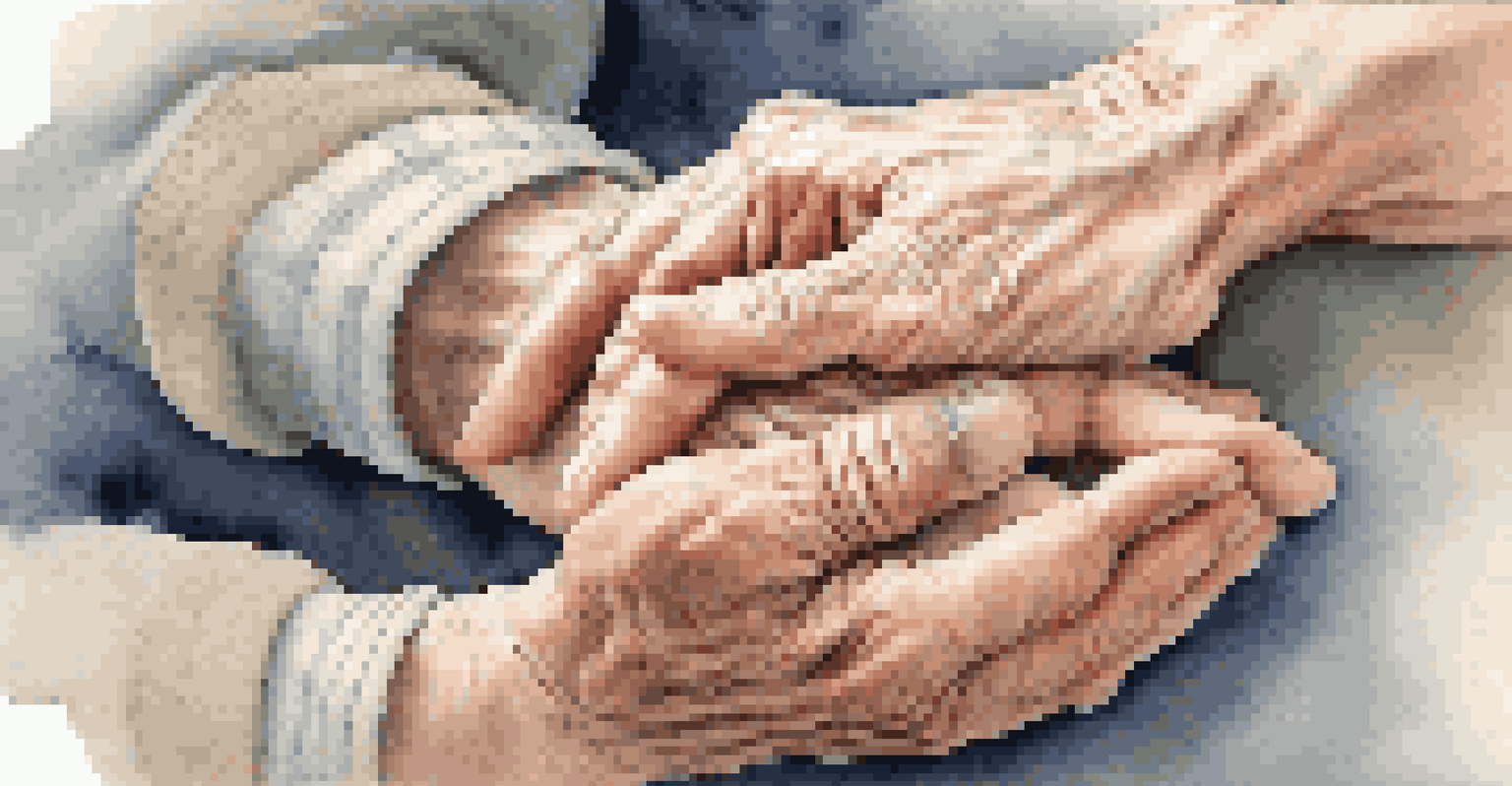 A close-up of an elderly person's hand and a caregiver's hand holding each other in support.