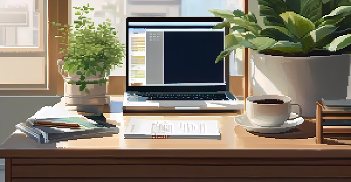 A cozy home office with a wooden desk, laptop, notepad, and a cup of coffee, illuminated by soft natural light from a window.