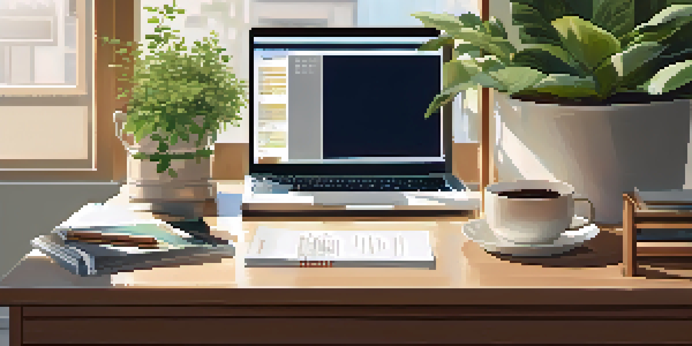 A cozy home office with a wooden desk, laptop, notepad, and a cup of coffee, illuminated by soft natural light from a window.