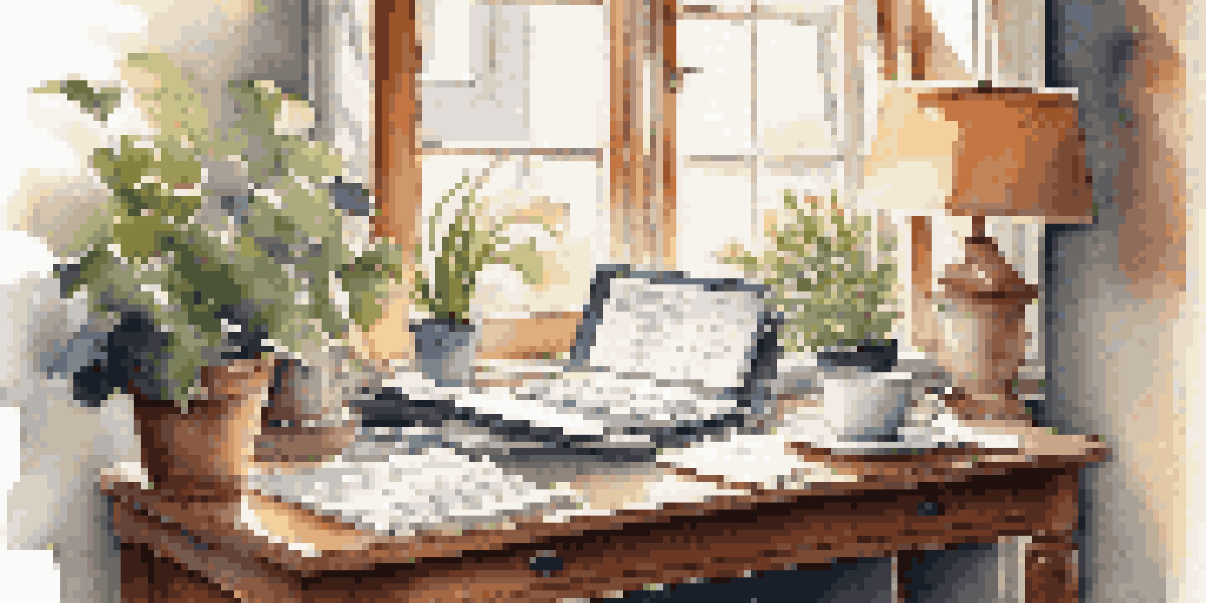 A cozy home office with a desk, laptop, coffee cup, and financial documents, illuminated by soft morning light.