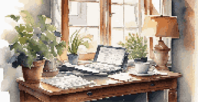 A cozy home office with a desk, laptop, coffee cup, and financial documents, illuminated by soft morning light.