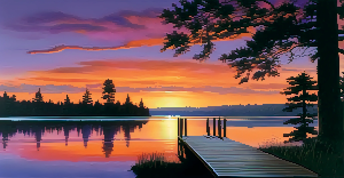 A beautiful sunset over a calm lake with colorful reflections, silhouetted trees, and a wooden dock.