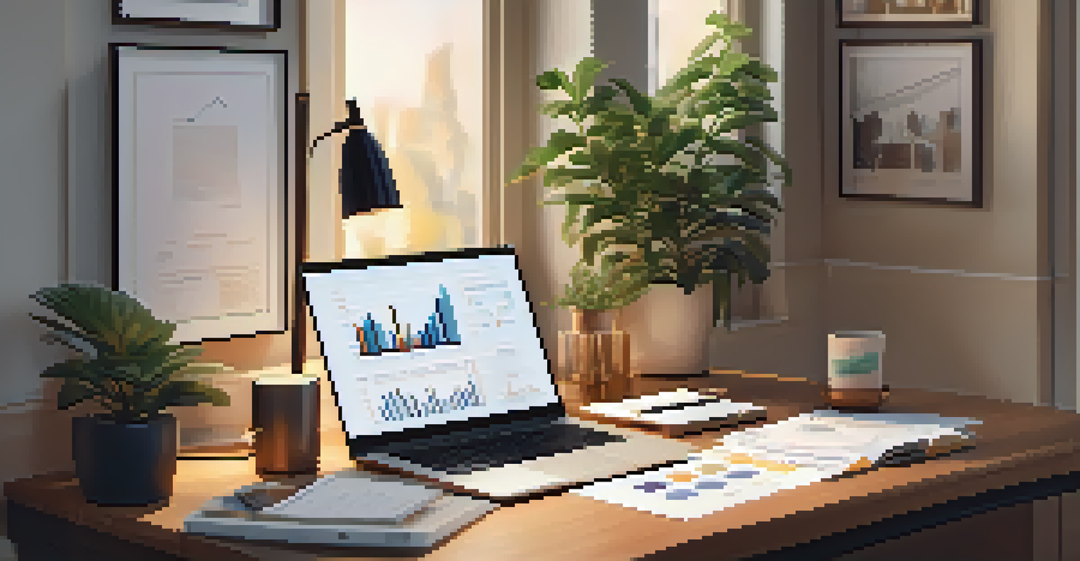 A wooden desk with financial documents and a laptop displaying a graph, illuminated by warm light.