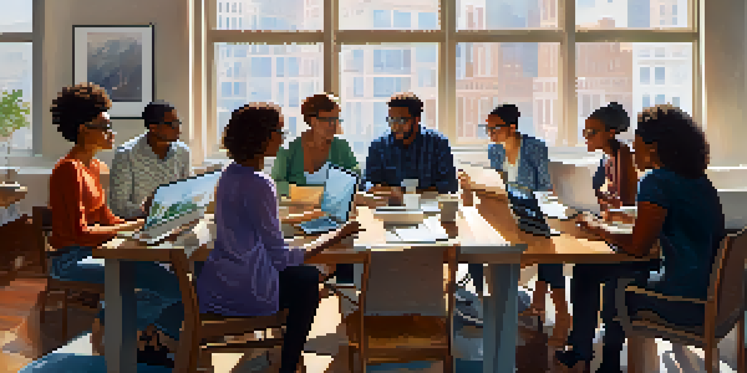 A diverse group of people at a table engaged in stock research, surrounded by laptops and financial documents, with natural light illuminating the scene.