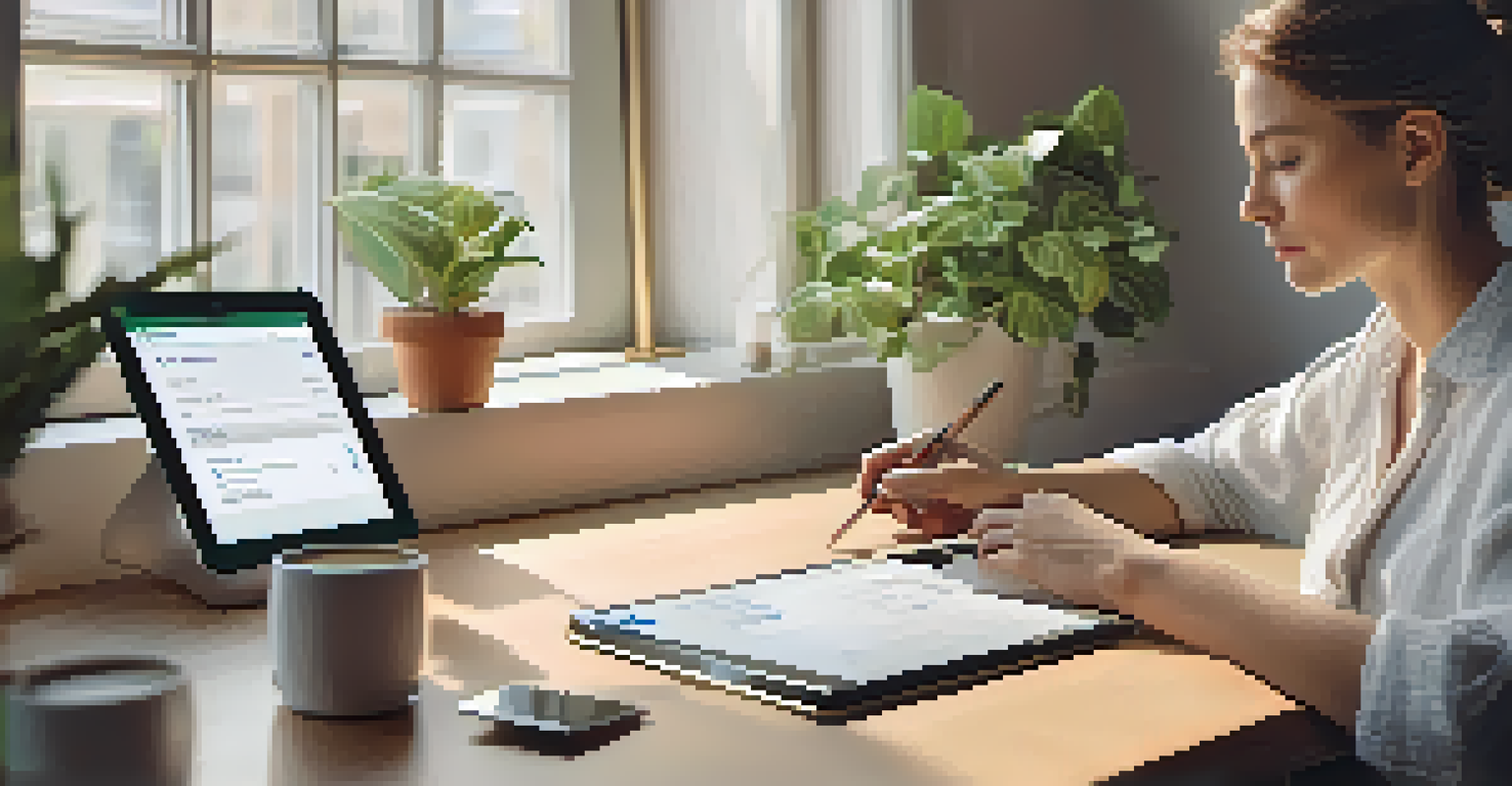 A person reviewing their credit report and investment portfolio on a tablet in a serene workspace.