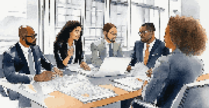 A diverse group of professionals in business attire discussing around a conference table filled with documents and laptops, in a bright modern meeting room.