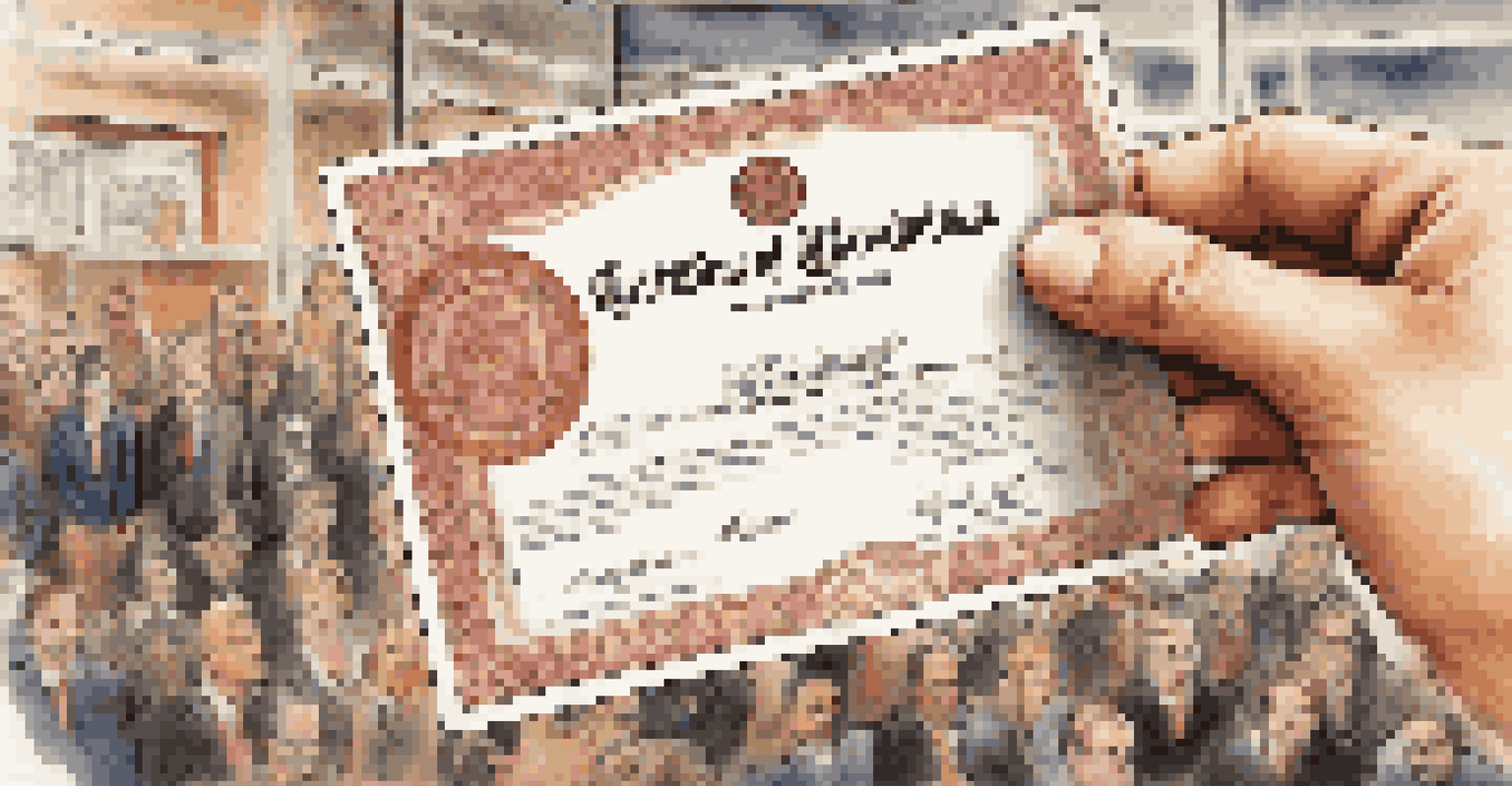 A close-up of a hand holding a stock certificate in a busy office.