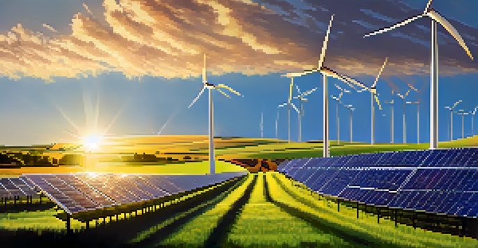 A solar energy farm with solar panels and wind turbines at sunset, surrounded by green fields.