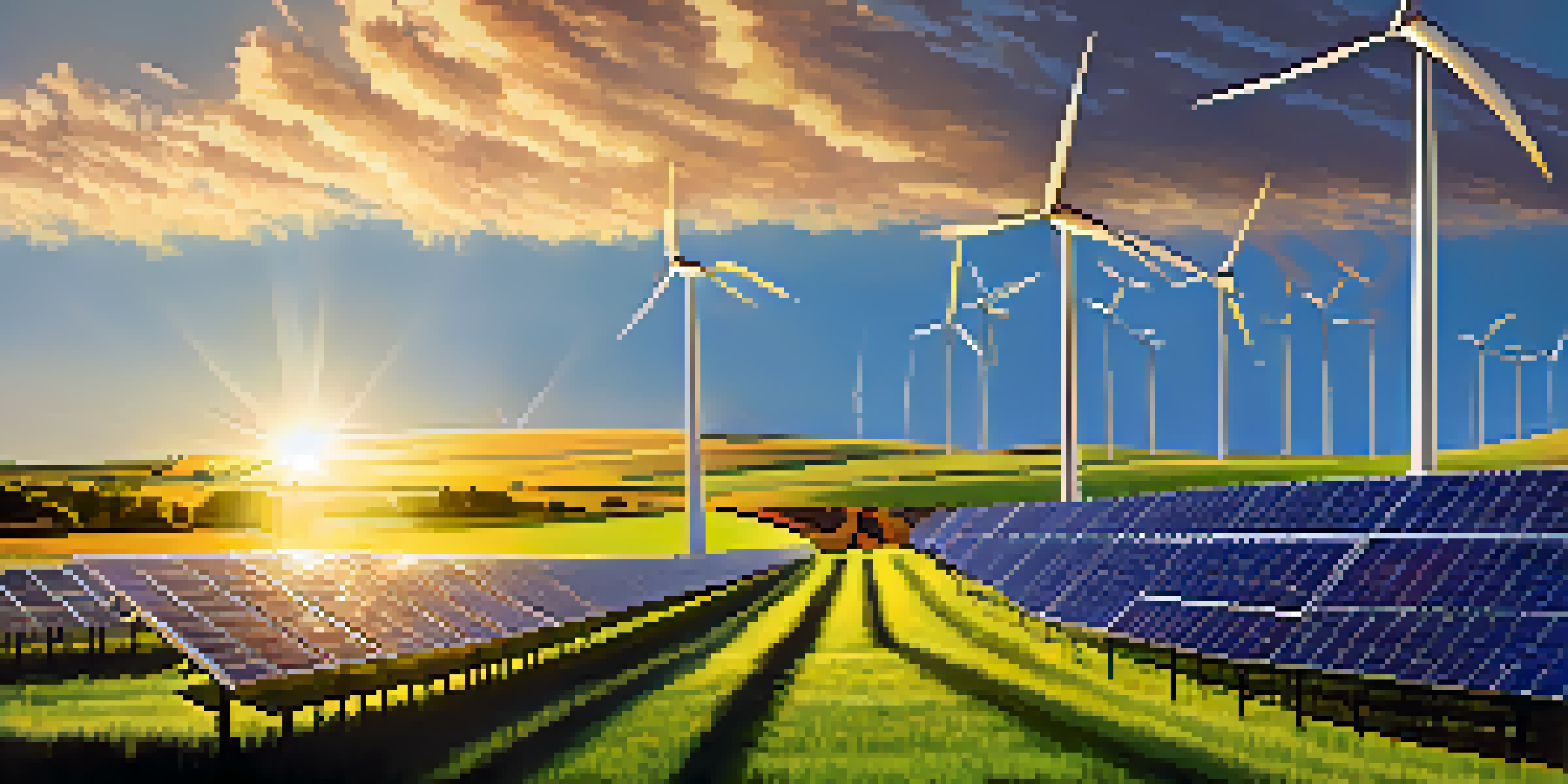 A solar energy farm with solar panels and wind turbines at sunset, surrounded by green fields.