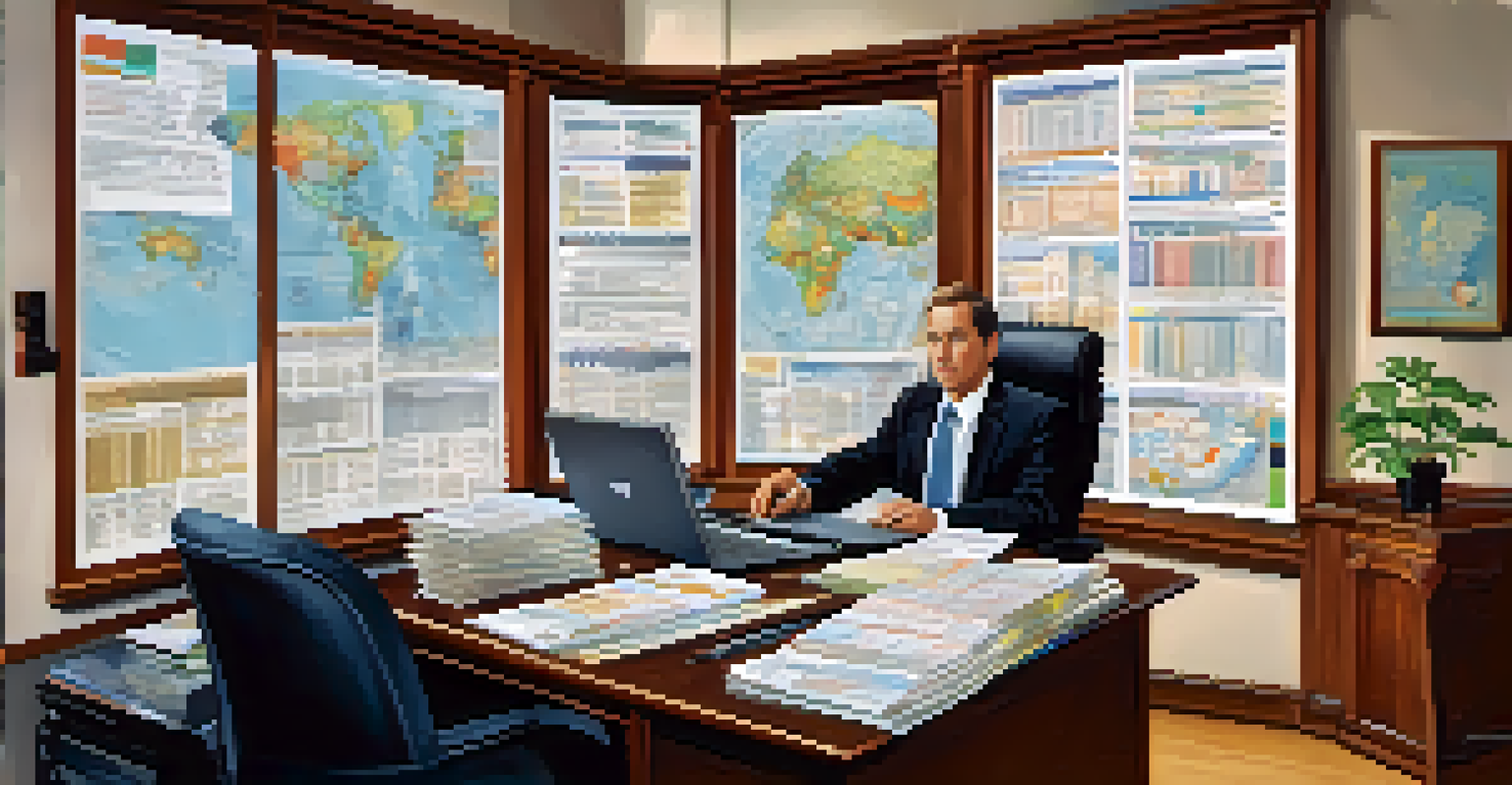 A tax professional reviewing international tax documents in a cozy office with a world map and a potted plant.